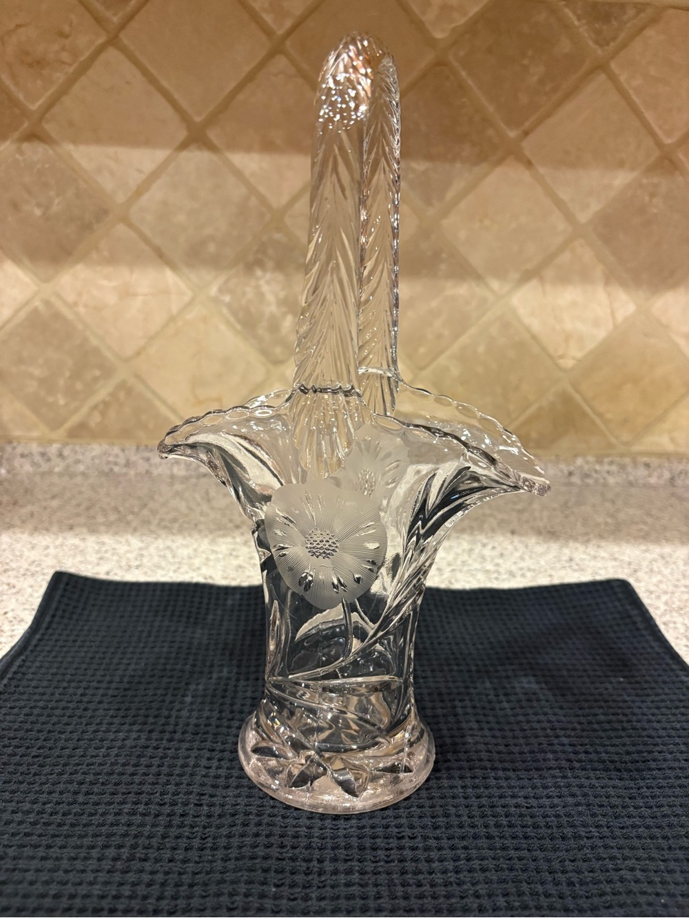 VTG Duncan Miller Cornfower Cut Glass Basket Vase w/Handle